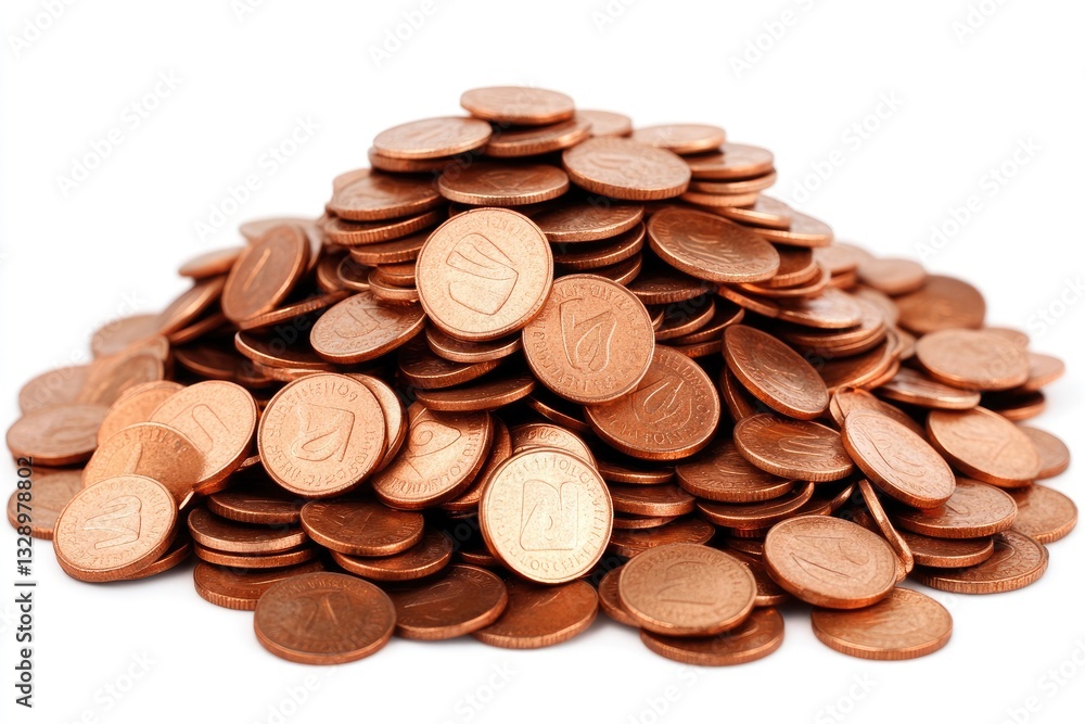 Copper coins piled high. A large stack of copper-colored coins, tightly clustered, forming a mound against a plain white background. The coins are uniformly sized and feature distinct markings Copper coins piled high. A large stack of copper-colored coins, tightly clustered, forming a mound against a plain white background. The coins are uniformly sized and feature distinct markings