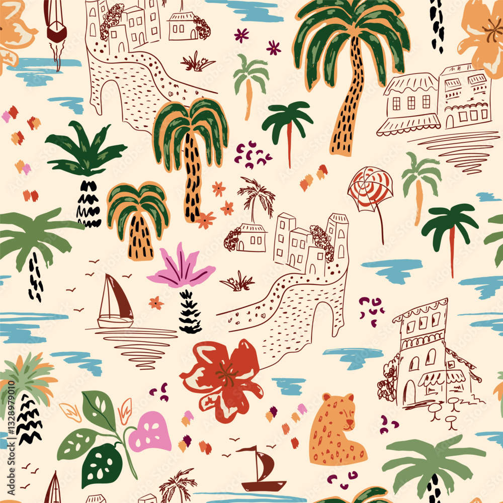 Tropical summer vibes with palm tree, sea island, sail boat, coastal urban sketching, ocean, hibiscus flower. Cute hand-drawn vector seamless pattern, background, fabric, textile, wallpaper, print.
