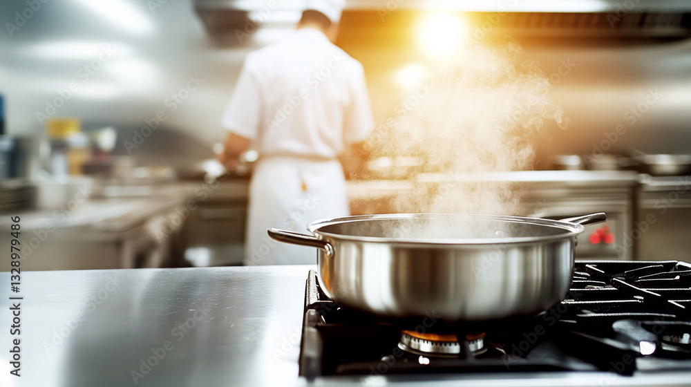 Culinary Symphony: A stainless steel pot simmers on a gas stove, steam rising invitingly, while a chef works diligently in the background, embodying the heart of the kitchen. Culinary Symphony: A stainless steel pot simmers on a gas stove, steam rising invitingly, while a chef works diligently in the background, embodying the heart of the kitchen.