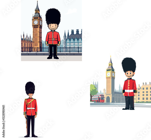 Vsai smiling queen's guard standing near big ben and houses of parliament
