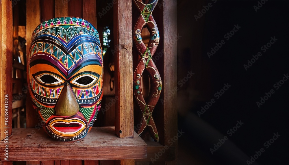 Fototapeta premium Vibrant tribal mask with intricate details, displayed on a wooden shelf in a rustic hut, symbolizing cultural heritage and spiritual power