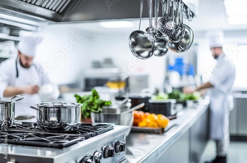 Culinary Craft: A vibrant kitchen scene where chefs are bustling around, focused on creating dishes, and the cooking equipment ready for use.