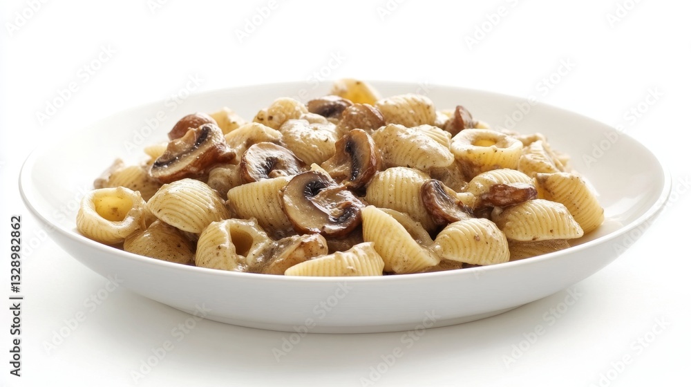 Creamy Conchigli Pasta with Mushrooms on Pristine White Plate Creamy Conchigli Pasta with Mushrooms on Pristine White Plate