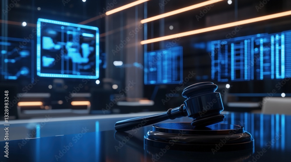 Futuristic courtroom with digital displays and gavel Futuristic courtroom with digital displays and gavel