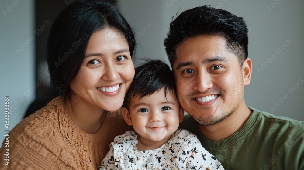 A joyful family portrait featuring a smiling couple with their baby, radiating love and happiness in a cozy indoor setting. A joyful family portrait featuring a smiling couple with their baby, radiating love and happiness in a cozy indoor setting.