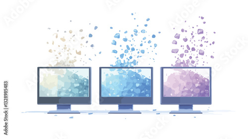 The image depicts three computer monitors arranged horizontally. Each monitor displays a unique pastel-colored abstract burst emanating from the screen, primarily in shades of blue, purple, and