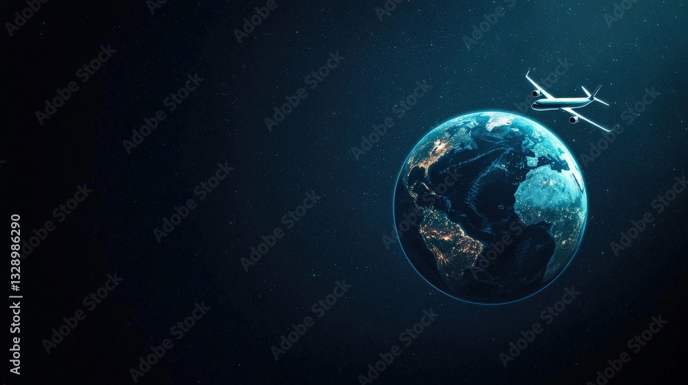 Fototapeta premium A minimalist design of the Earth with a single airplane circling it.