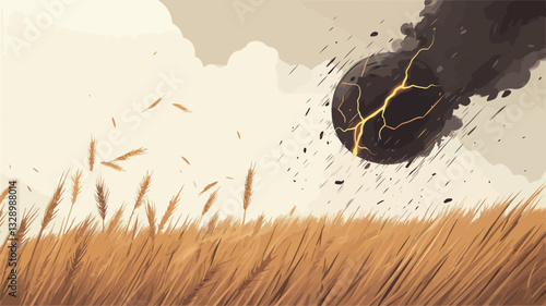 The illustration depicts a dark, cracked orb falling from a cloudy sky over a field of golden wheat.  The orb is emitting dark smoke or dust and displays streaks of golden lightning. The wheat is