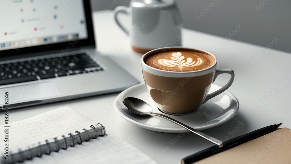 Coffee and laptop create a cozy workspace in a modern setting during morning hours Coffee and laptop create a cozy workspace in a modern setting during morning hours