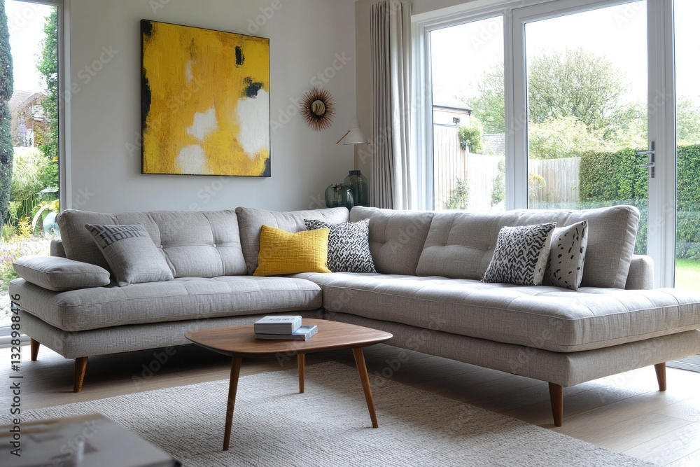Fototapeta premium Modern beige sectional sofa in bright living room.