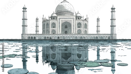 A grayscale illustration depicting the Taj Mahal partially submerged in water. The reflection of the structure is visible in the relatively calm water, with some water lilies and stones visible at