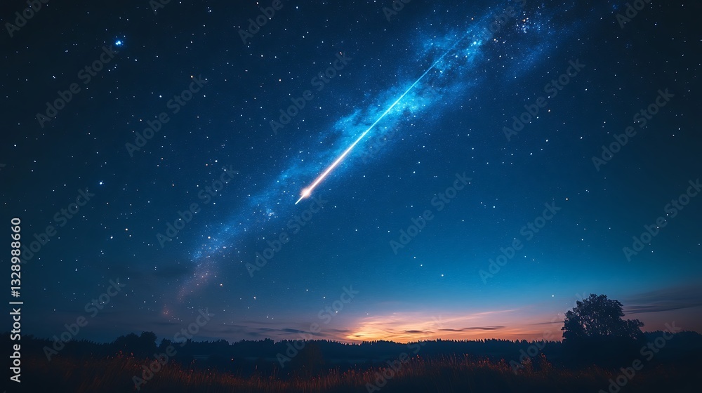 Bright Shooting Star Streaking Night Sky Over Rocky Mountain Landscape Photo Bright Shooting Star Streaking Night Sky Over Rocky Mountain Landscape Photo