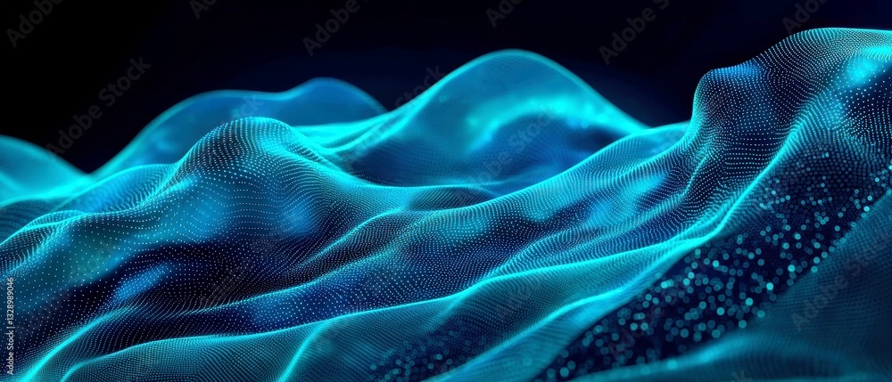 Obraz premium Vibrant Neon Gradient Flow, Abstract design featuring Arctic Blue, Neon Cyan, Glacier Blue, Frost on deep black background, soft diffusion, modern minimalist aesthetic, digital grain effect