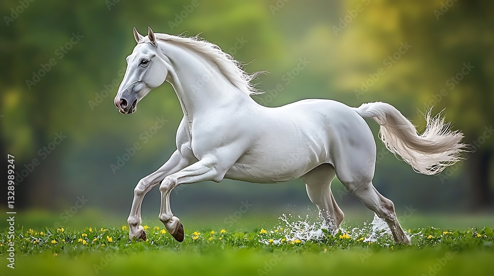 Naklejka premium Majestic white stallion galloping in a green field.