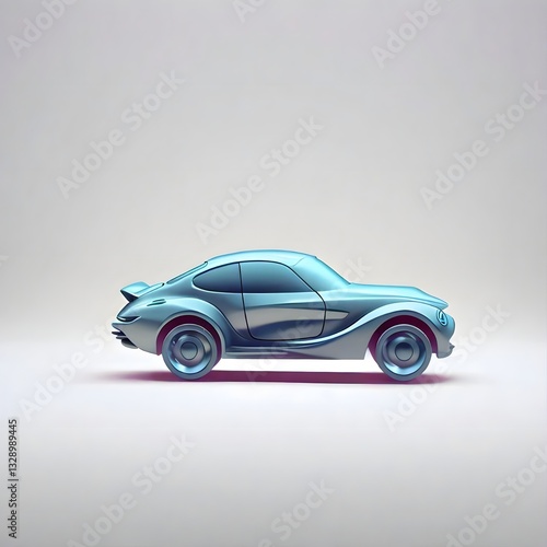 A digitally rendered simplified metallic blue car sits isolated against a gradient background