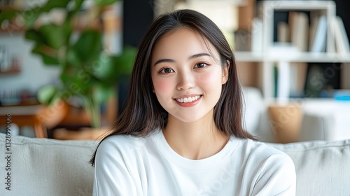 Free Download Positive young Asian woman posing for home portrait, seated comfortable on cozy couch in living room with modern interior, looking at camera with toothy smile. Beautiful female model, profile picture - GFXLoad