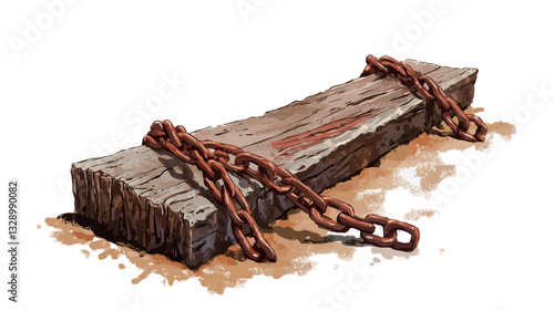 A digitally painted image depicts a long, rectangular plank of weathered wood lying horizontally on a sandy surface. The wood shows significant signs of age, with cracks, discoloration, and a rough