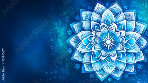 Intricate blue mandala design on dark background.