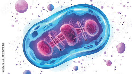 A digitally created illustration depicting a mitochondrion within a cell. The mitochondrion is rendered in shades of pink and purple, with internal structures visible. The cell membrane is shown in