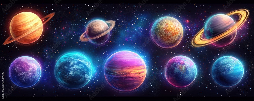 Fototapeta premium Colorful Planets Digital Art Collection Vibrant Cosmic Illustration Space Design