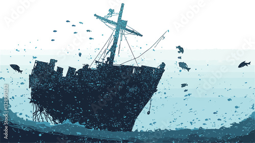 A digital illustration depicts a partially submerged shipwreck in a body of water. The shipwreck is rendered in shades of dark teal and blue, with details suggesting decay and damage.  The water is
