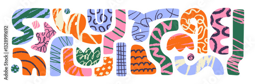 Set of abstract geometric shapes and elements are ornamented with creative scribbles. Different curved lines, figures, circles are patterned with doodles. Flat isolated vector illustrations on white