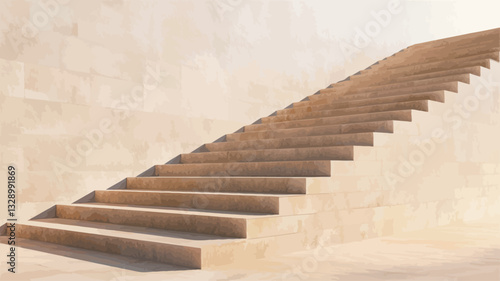 The image shows a long, straight staircase ascending from the bottom left to the top right of the frame.  The stairs and the wall are a uniform light beige or tan color. The texture of the wall is
