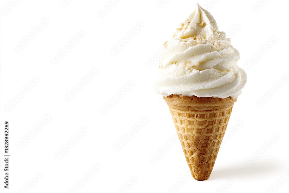 Vanilla ice cream cone with crispy topping. A single waffle cone filled with a scoop of smooth, creamy vanilla ice cream, topped with small, crispy pieces Vanilla ice cream cone with crispy topping. A single waffle cone filled with a scoop of smooth, creamy vanilla ice cream, topped with small, crispy pieces
