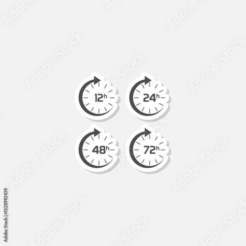 Set of time icons, arrow hours 12, 24, 48 and 72 sticker isolated on gray background