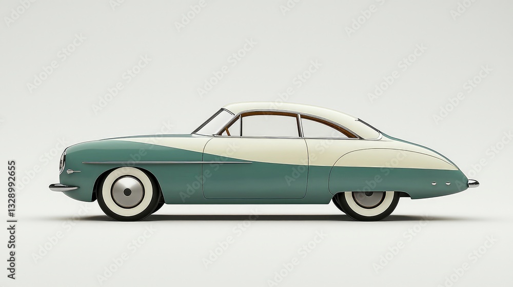 Fototapeta premium Side profile of a vintage teal and cream coupe on a white background.