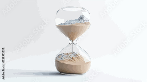 A studio shot of a classic hourglass against a plain white background.  The hourglass is made of clear glass, showing light beige sand flowing from the top bulb to the bottom. The image is sharply