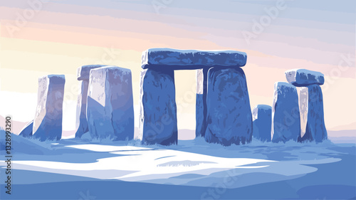 Digital painting depicting a row of large, upright stones resembling a stone circle, covered in snow.  The stones are rendered in shades of pale blue and white, suggesting a cold, icy environment.