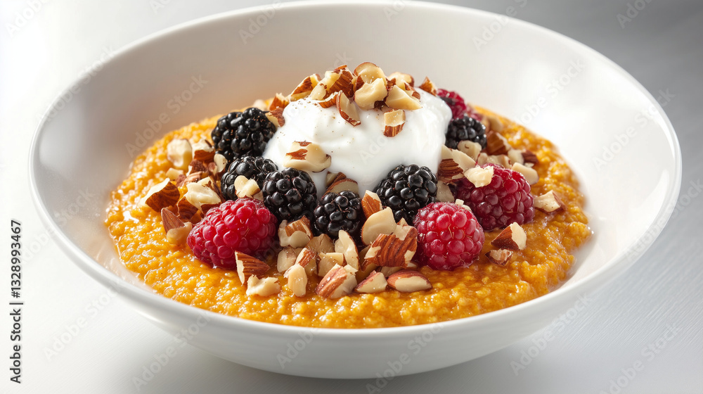 Wholesome polenta bowl topped with fresh berries, nuts and cream Wholesome polenta bowl topped with fresh berries, nuts and cream