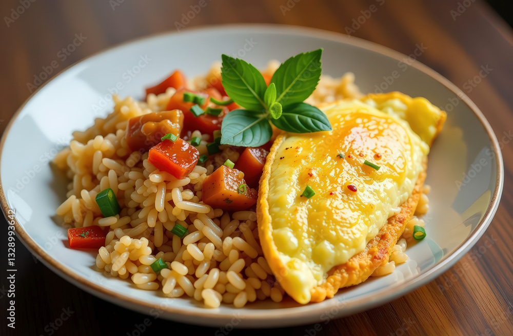 Delicious omelette with herb garnish and colorful vegetable rice on plate Delicious omelette with herb garnish and colorful vegetable rice on plate