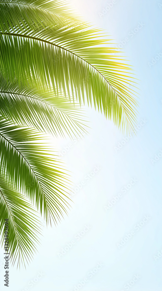 Naklejka premium Bright sunlight filtering through verdant palm fronds, casting dappled shadows against azure sky, radiating peaceful tropical landscape and summer serenity