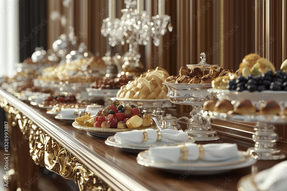 A buffet table with serving dishes and napkins
