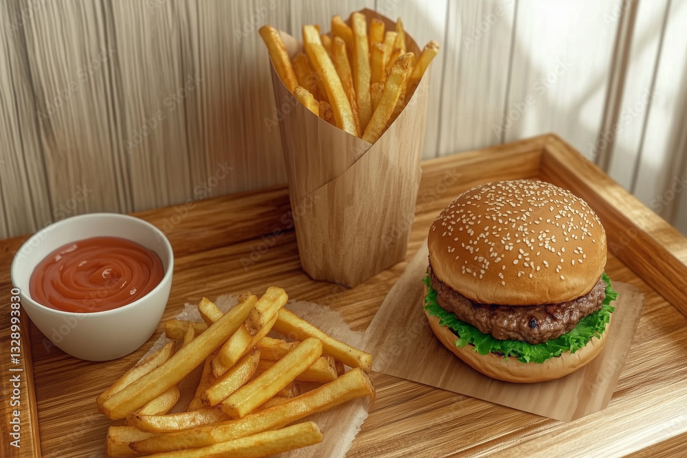 Set of fast food food standing on a wooden tray such as french fries burger and sauce