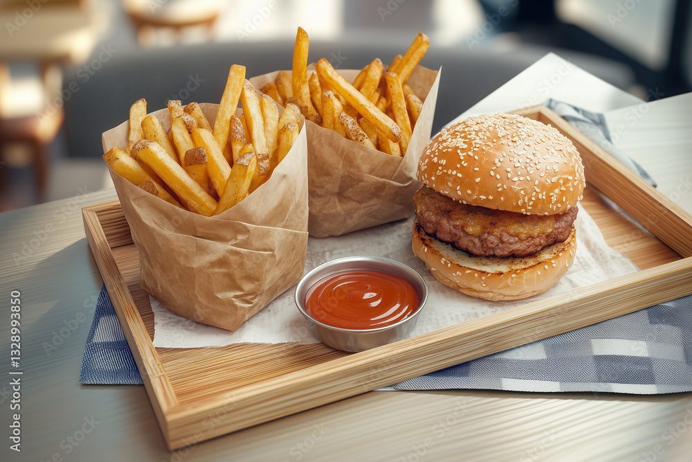 Set of fast food in a cafe consisting of a burger with a cutlet, a portion of fried potatoes and ketchup