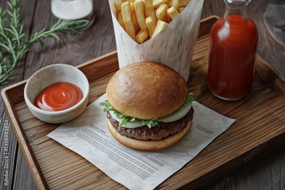 Takeaway food order consisting of burger ketchup and fries