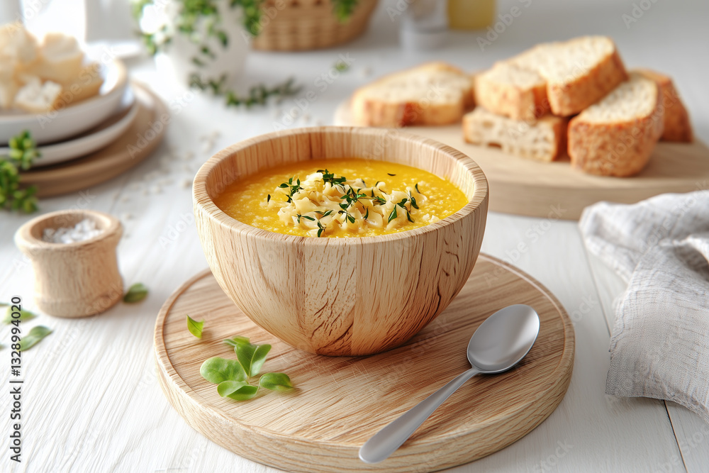 Served lunch with soup and bread in designer wooden dishes