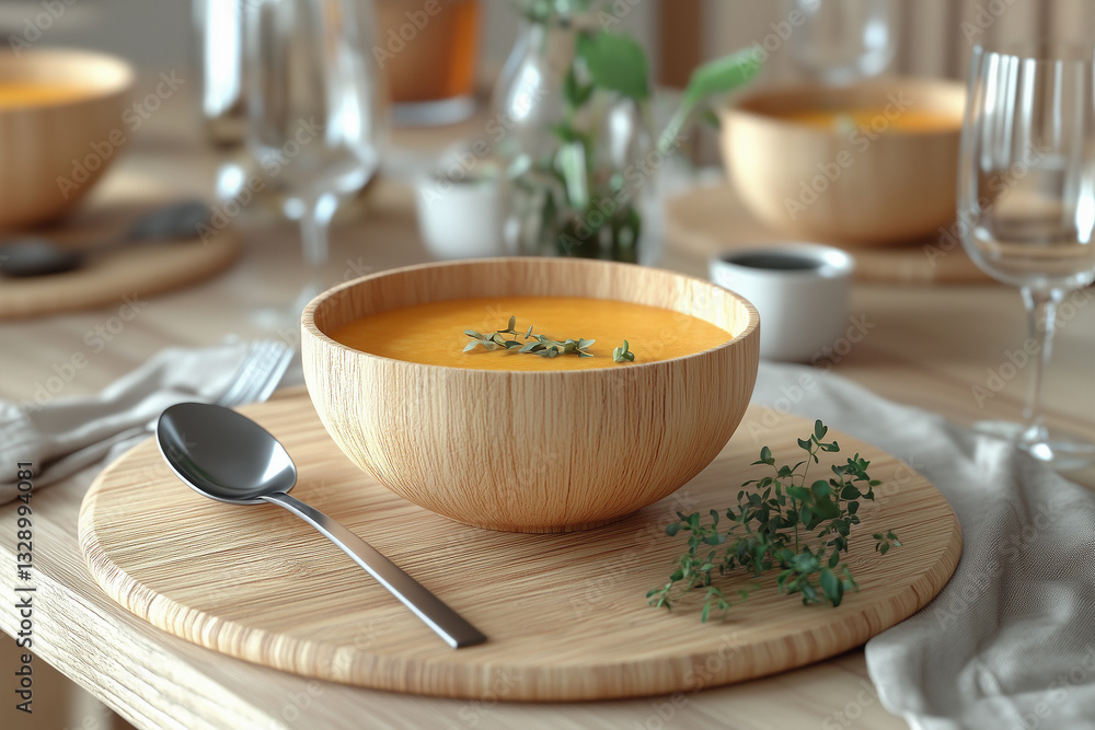 Pumpkin puree soup with herbs standing on a served table in a wooden bowl