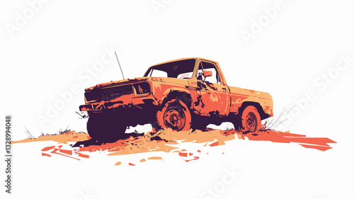 A stylized illustration of a vintage pickup truck, appearing rusty and weathered, set against a simplified background suggesting a field or desert. The color palette is predominantly warm tones of