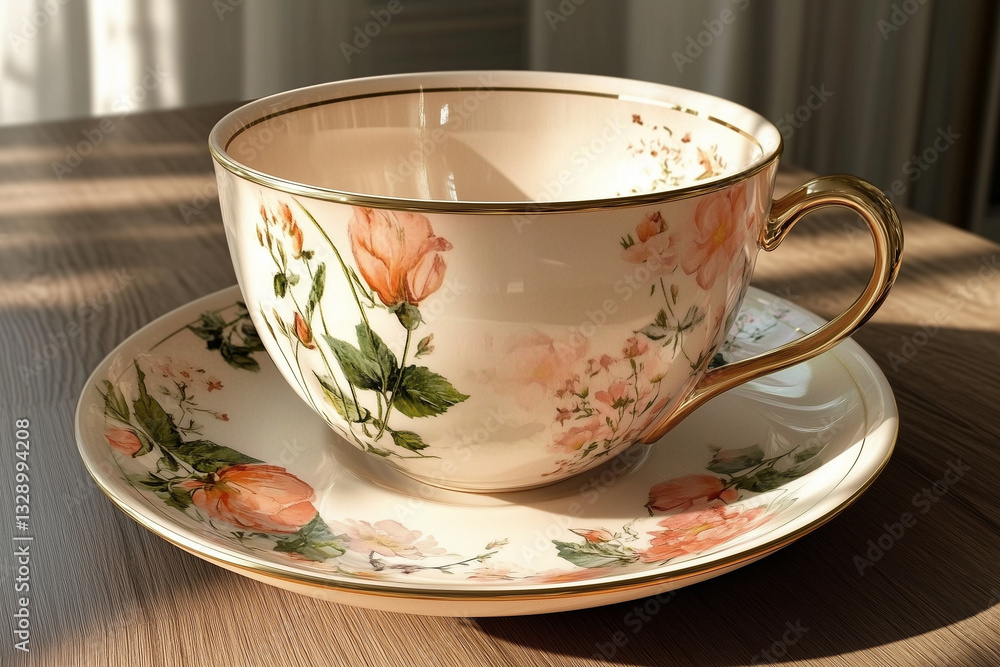 Beautiful porcelain cup and saucer with floral pattern in sun rays