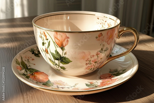 Obraz na płótnie Beautiful porcelain cup and saucer with floral pattern in sun rays w salonie