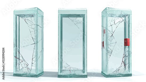 The image shows three identical rectangular glass blocks against a white background.  The blocks are transparent and appear to be made of a single pane of glass. The leftmost block shows extensive