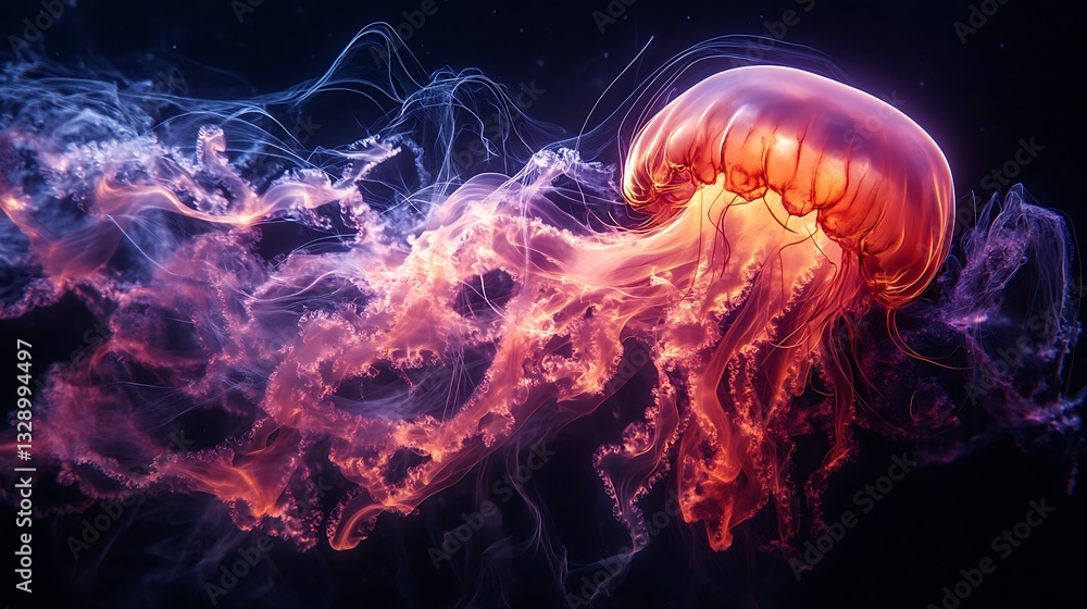 Fototapeta premium Glowing jellyfish underwater.