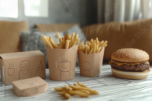 Fast food food that sits on the table such as a burger or French fries packed in a box