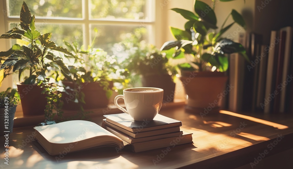 Sunlight Illuminates Coffee, Books, and Plants on Windowsill: A Serene Morning Sunlight Illuminates Coffee, Books, and Plants on Windowsill: A Serene Morning