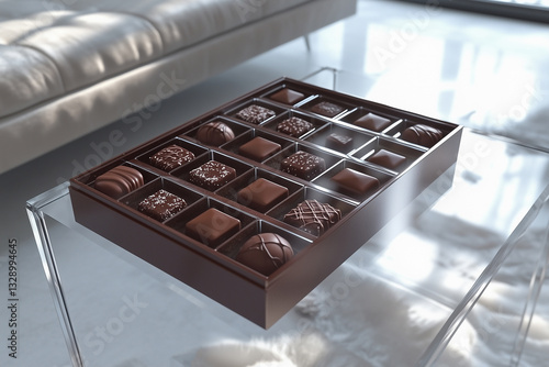 Box of chocolates standing on glass coffee table in living room
