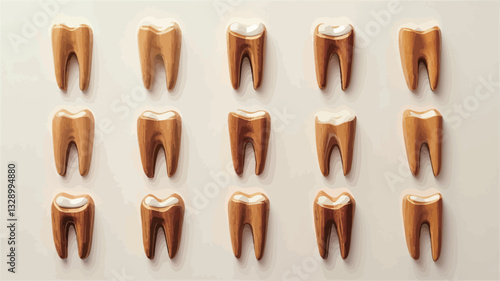 The image shows fifteen small, artificial tooth models arranged in three rows of five on a plain off-white background.  The models are uniformly spaced, creating a grid-like pattern.  The teeth are